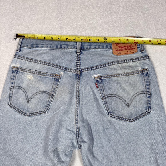 Levis 505 Jeans Mens 34x29 Blue Regular Fit Light Wash Distressed Denim Patched - Picture 12 of 16